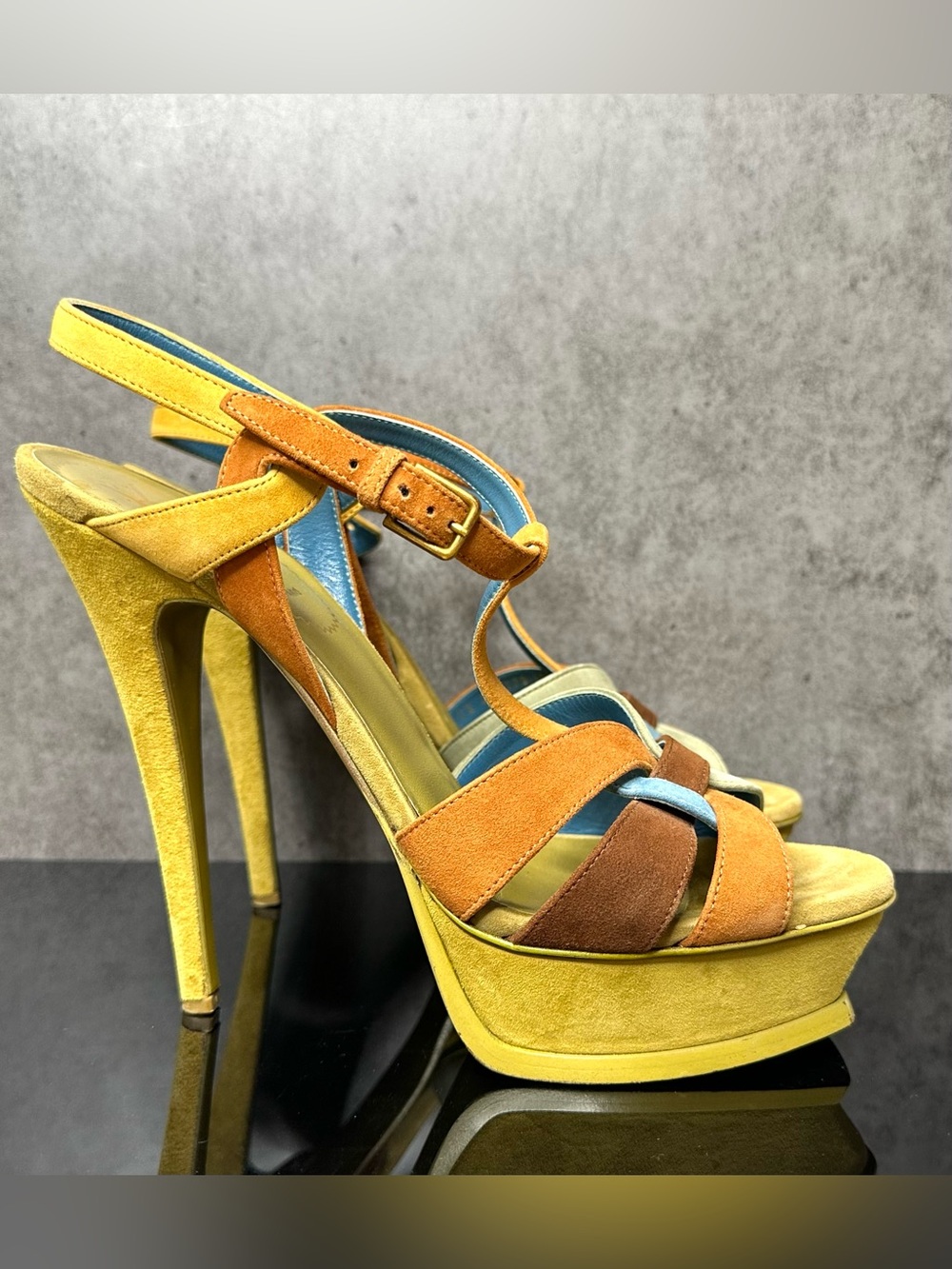 Yves Saint Laurent YSL Tribute Multicolor Suede Platform Sandals Heels 39.5